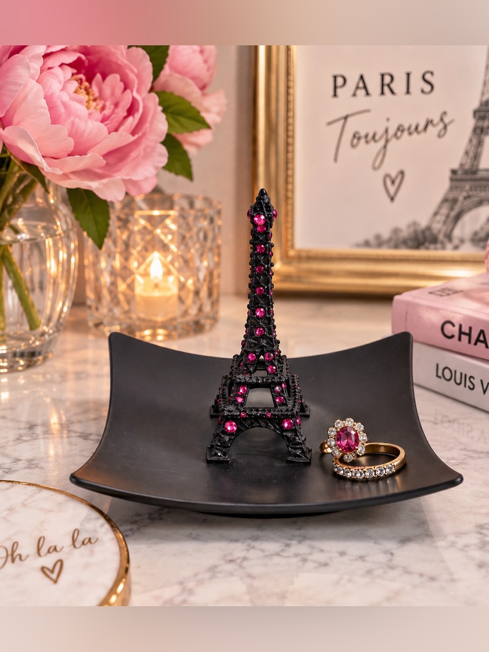 Black Eiffel Tower Trinket Dish with Pink Rhinestones Ring Holder‎